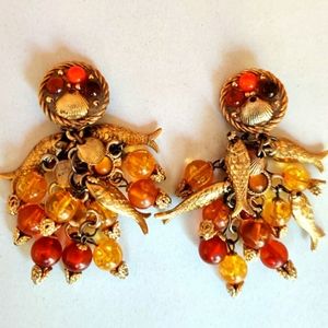 Vintage Runway Lucite Beads & Fish Charms Dangling Earrings